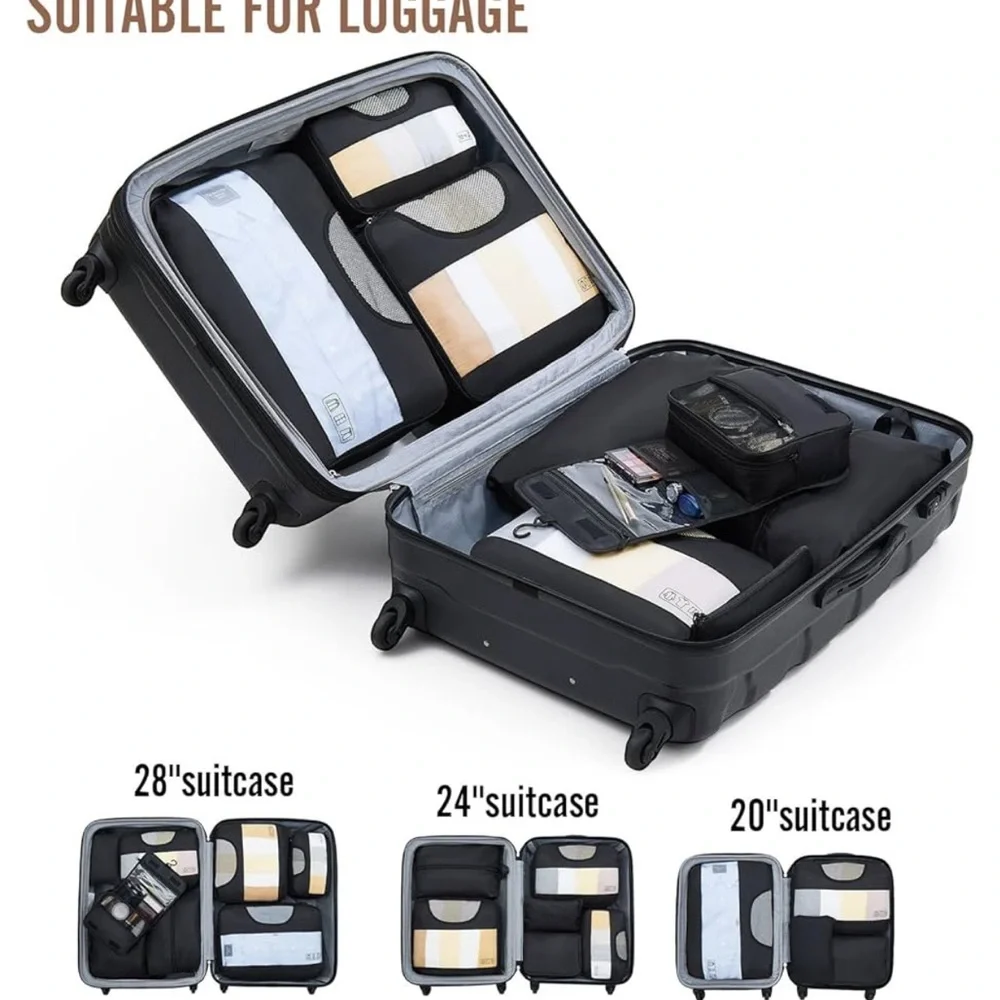 Black Makeup Organizer Set with Packing Cubes and Hanging Toiletry Bag